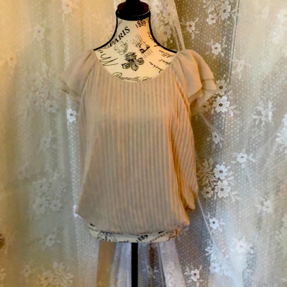 Zak & Rachel Sheer Cream Crape Pleated Scalloped Sleeve Elastic Waist Lined Top